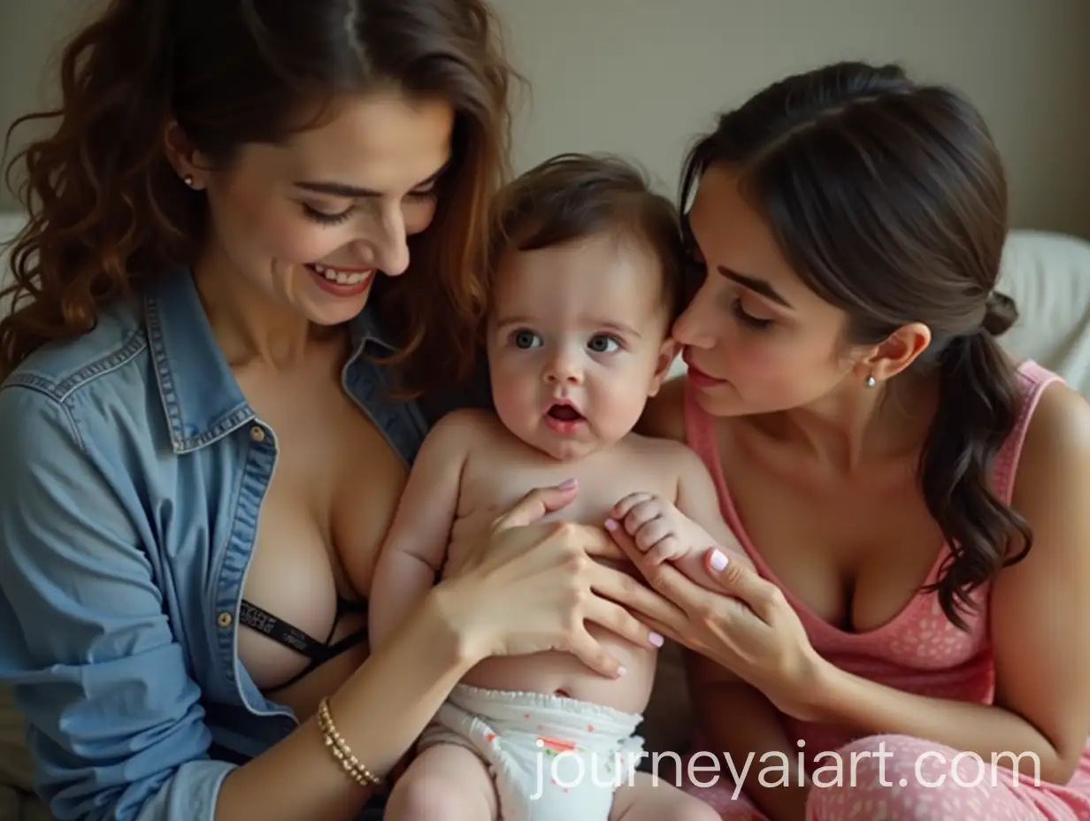 Middle-Eastern-Baby-Boy-Cradled-and-Fed-by-Fashionable-Mom-and-Friends-in-Living-Room