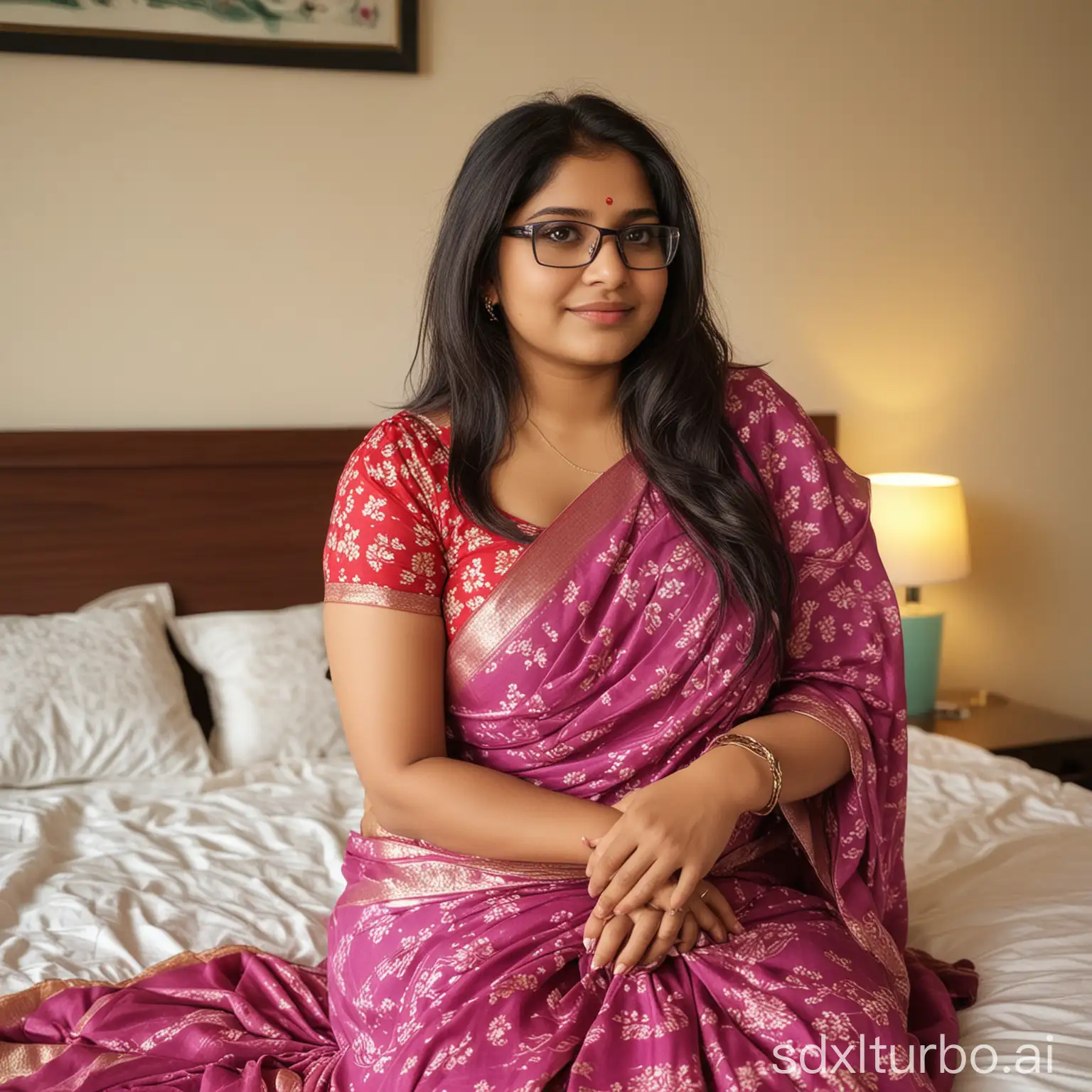 Romantic-Indian-Girl-in-Saree-Sitting-on-Bed-Closeup-Portrait-with-Long-Hair-and-Glasses