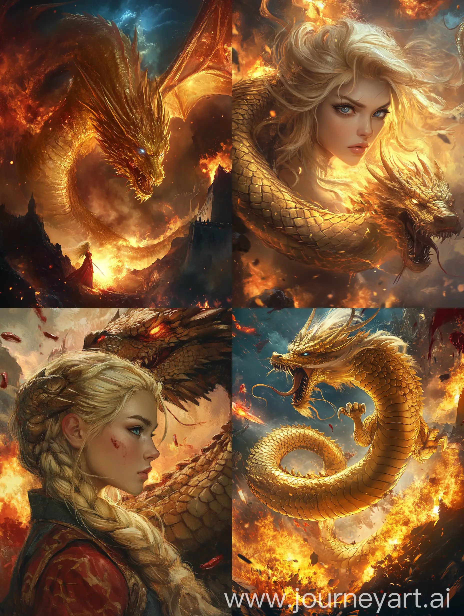 Golden-Dragon-Coiling-Around-BlueEyed-Blonde-with-Bloody-Explosions-in-Background