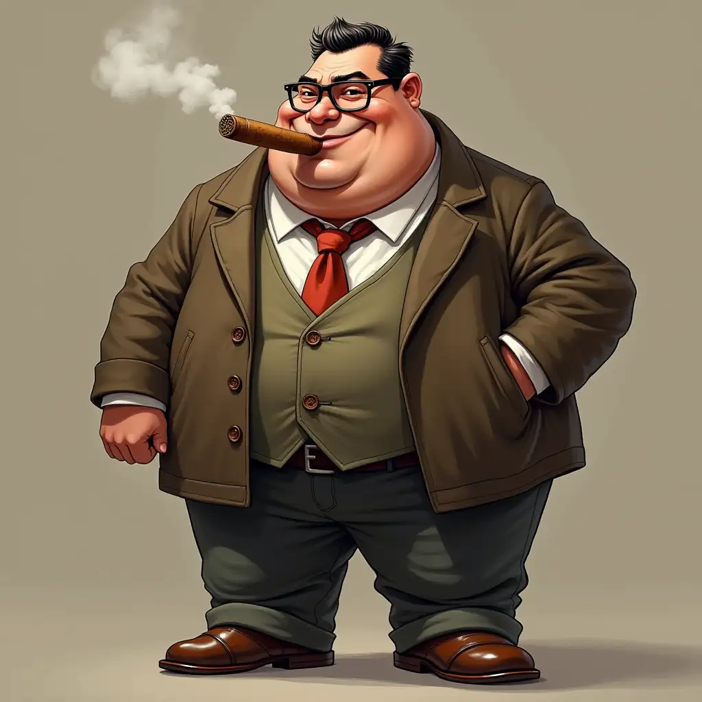 A chubby bourgeois with a cigar in his mouth, standing full height