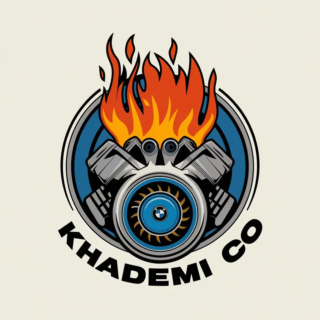 LOGO Design for Khademi Co V12 BMW Engine Turbo with Green Blue Fire Theme for Legal Industry