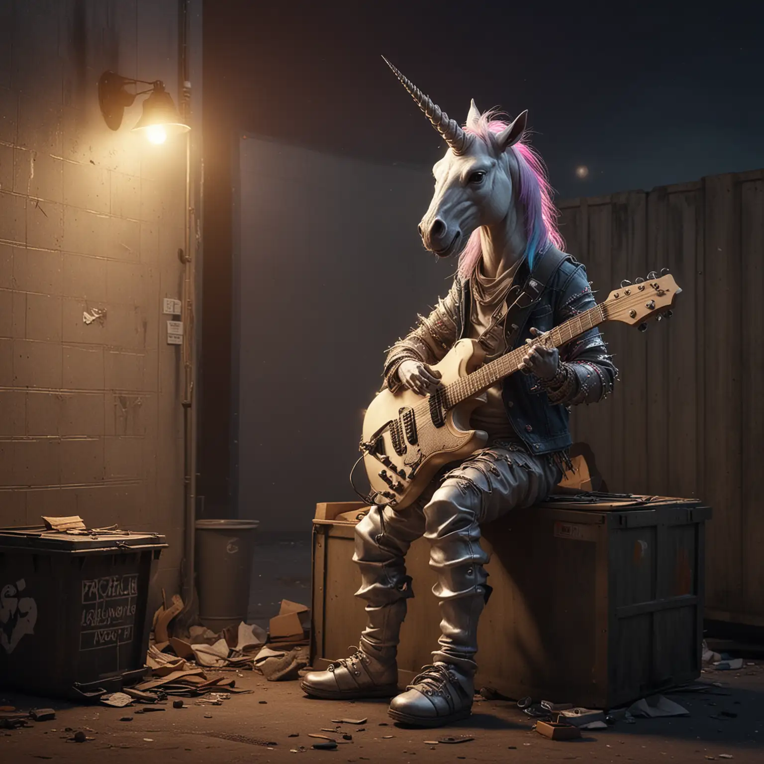 Anthropomorphic Rocker Unicorn Playing Guitar by Dumpster at Dusk