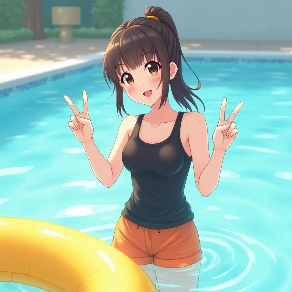 A young woman anime style cartoon with dark brown hair tied back, dark brown eyes, a beautiful smile, and wearing a black tank top and orange shorts. She is standing in a swimming pool and making a peace sign with her fingers. There is a yellow inflatable tube partially visible in the foreground. Additional details you could include: Lighting: Bright, sunny day with natural lighting Water: Clear blue water with slight ripples Facial expression: Happy and carefree Pose: Relaxed and playful Background: Slightly out of focus background with hints of a water park or pool area