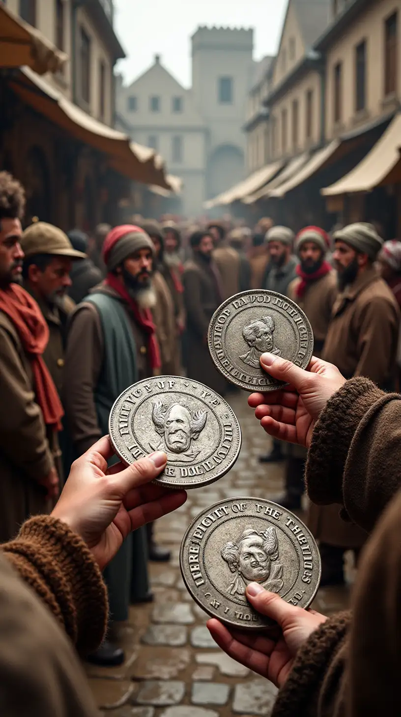 European Merchants Exchanging Silver Thaler Coins in a 16th Century Market