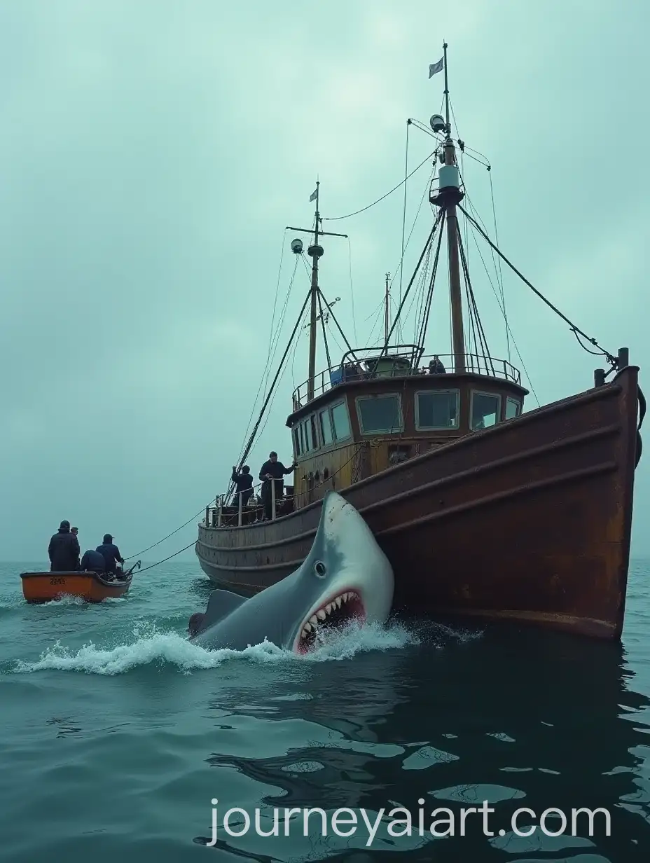 Shark-Struggling-in-Fishing-Boats-Net-Beside-Ironclad-Ship