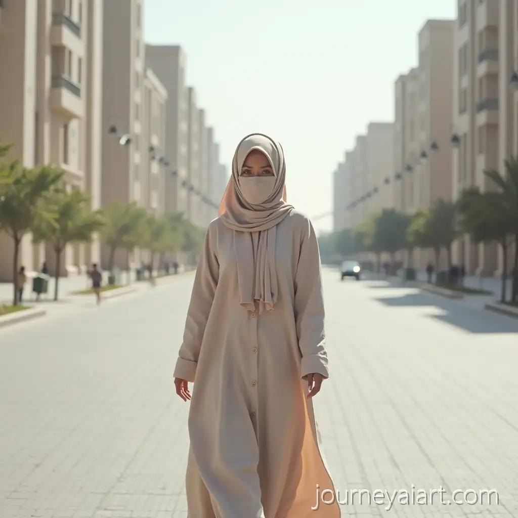 Muslim-Woman-in-Light-Niqab-Walking-Alone-in-Empty-Bright-City