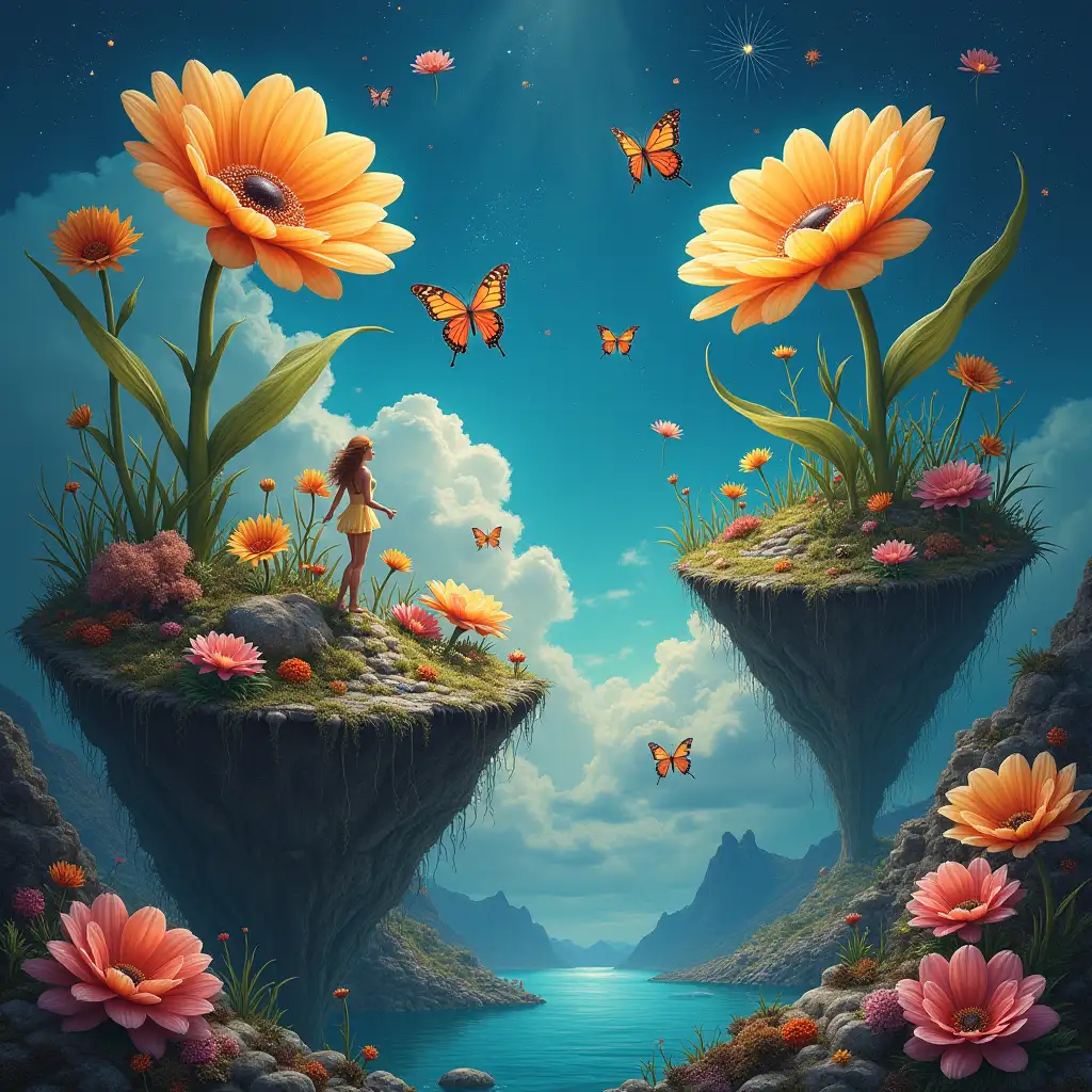 A surreal scene with giant flowers growing on floating islands, with fairies, with an interesting mix of coral reefs, butterflies and stars