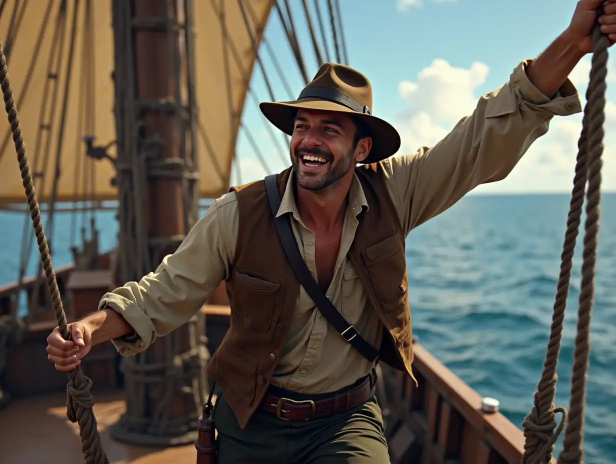 An Indiana Jones-like adventurer in a fantasy setting, hanging from the shrouds on a ship, happily looking at the horizon.