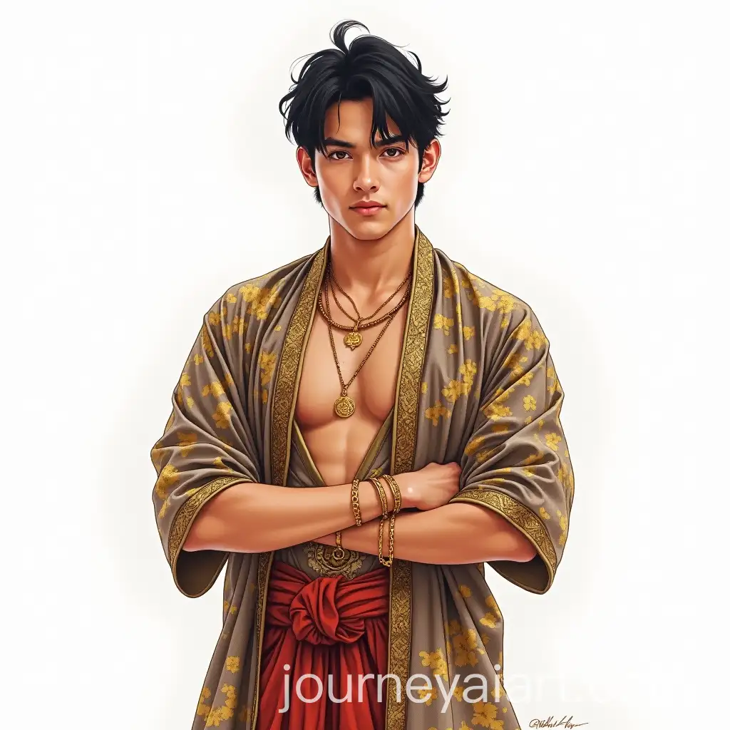 Handsome-Javanese-Man-in-Majapahit-Attire-with-Batik-Robe-and-Gold-Accessories