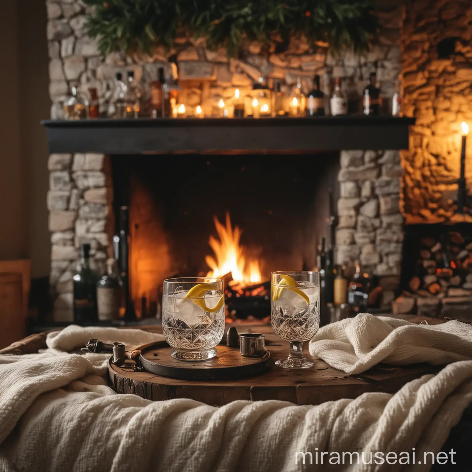 Cozy Winter Scene with Gin by Fireplace