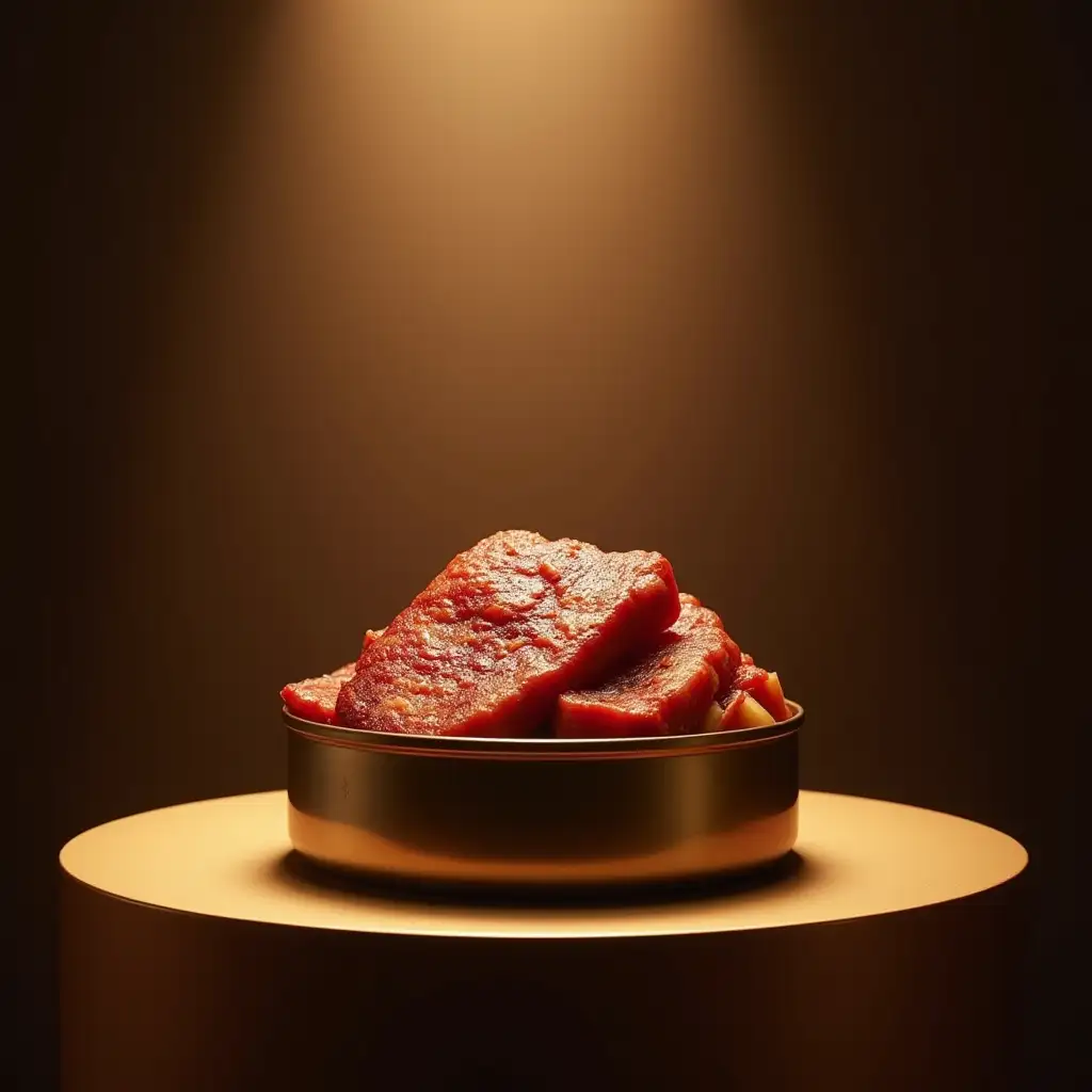 A metal can of cooked pork on a luxurious pedestal. Light flashes play on it.