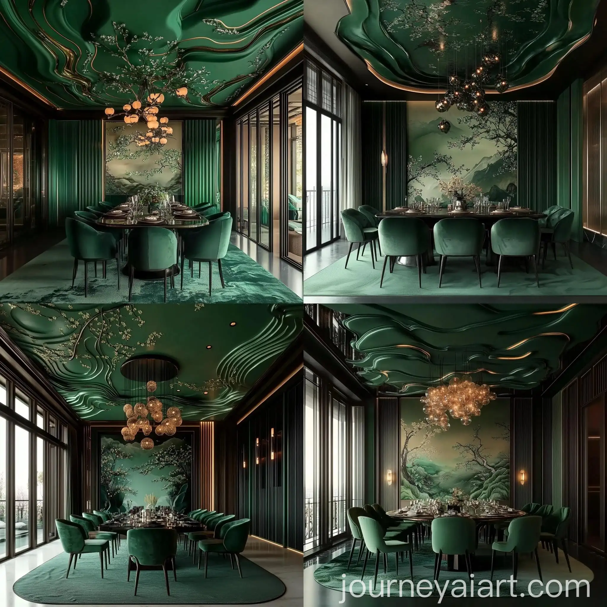 Opulent-Emerald-Green-Dining-Room-with-Intricate-Ceiling-Design