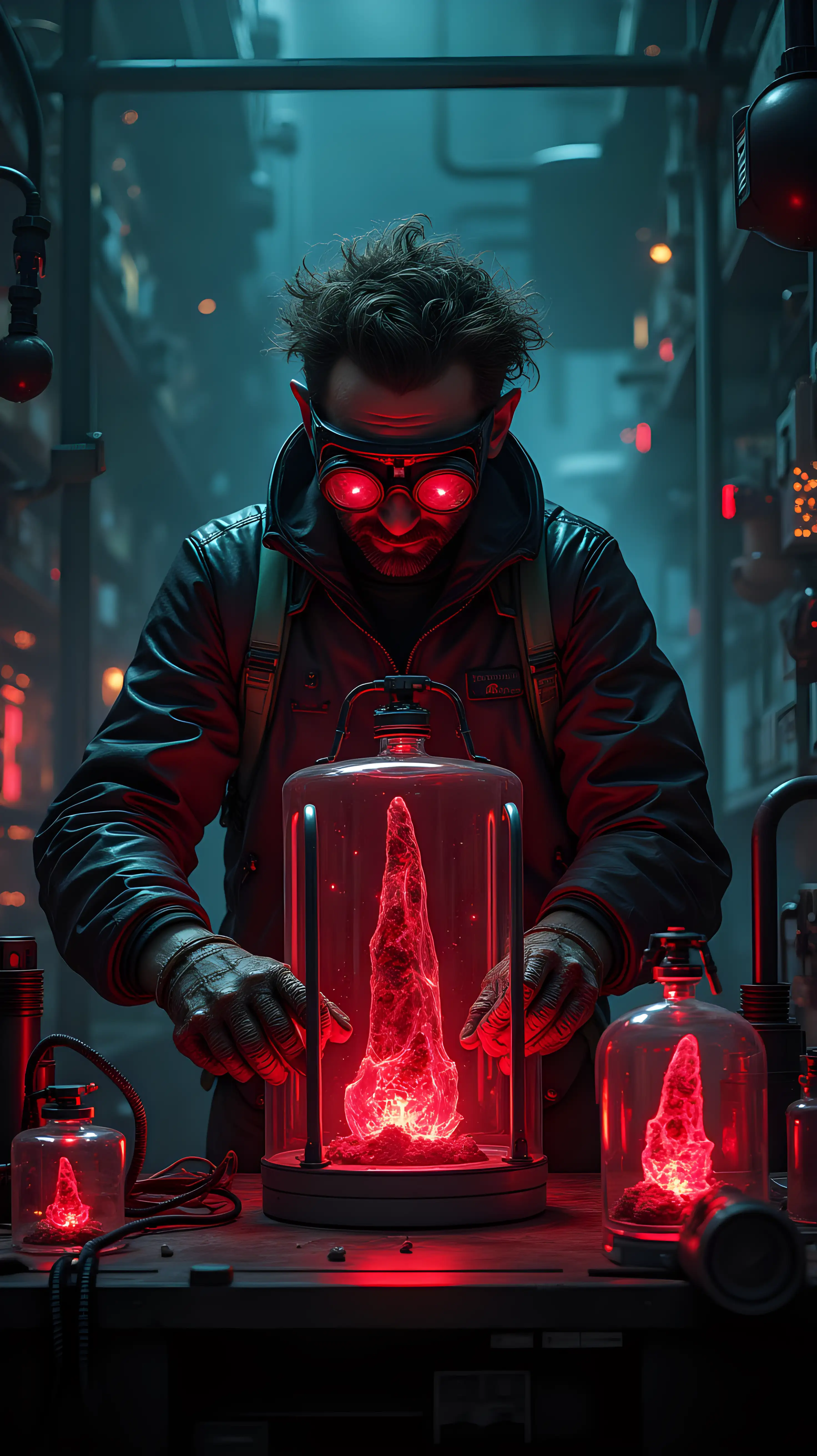 Depict a tall, wiry scientist in his 50s working obsessively in a chaotic, high-tech laboratory. He has wild, unkempt hair and oversized, glowing multi-lensed goggles. His futuristic lab coat is reinforced with metallic panels and utility straps, cluttered with tools and glowing data pads. His gloved hands carefully operate a high-tech containment unit holding a jagged DarkX crystal-a deep black object with glowing red veins pulsing ominously. The containment unit is a reinforced, glass-like enclosure with glowing locks and robotic arms shielding the volatile crystal. The lab is dark and industrial, with towering machines, sparking conduits, and cluttered workbenches. Holographic projections surround the crystal, displaying molecular structures, energy readings, and warnings. Nearby, other containment units hold similar crystals, their red veins glowing faintly in sync.  Dim lighting casts shadows across the metallic surfaces, while the crystal’s red glow reflects off the goggles and equipment. Steam rises from pipes, and occasional arcs of electricity crackle, adding tension to the scene. The color palette is dominated by deep blacks, metallic grays, and the vivid red glow of the crystals, creating a gritty, foreboding atmosphere that highlights the danger and intensity of the experiment.