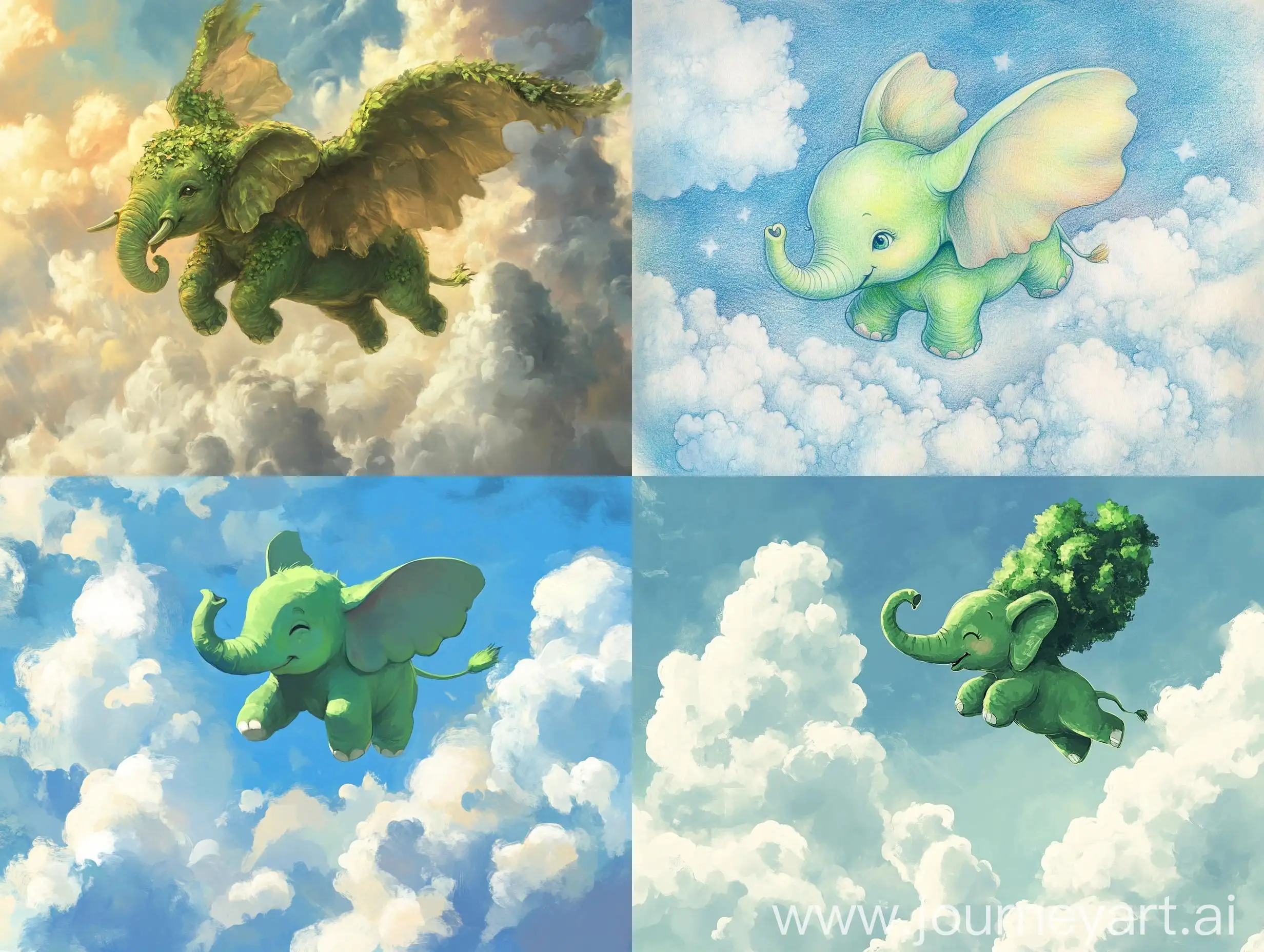 Flying-Green-Elephant-Among-Clouds