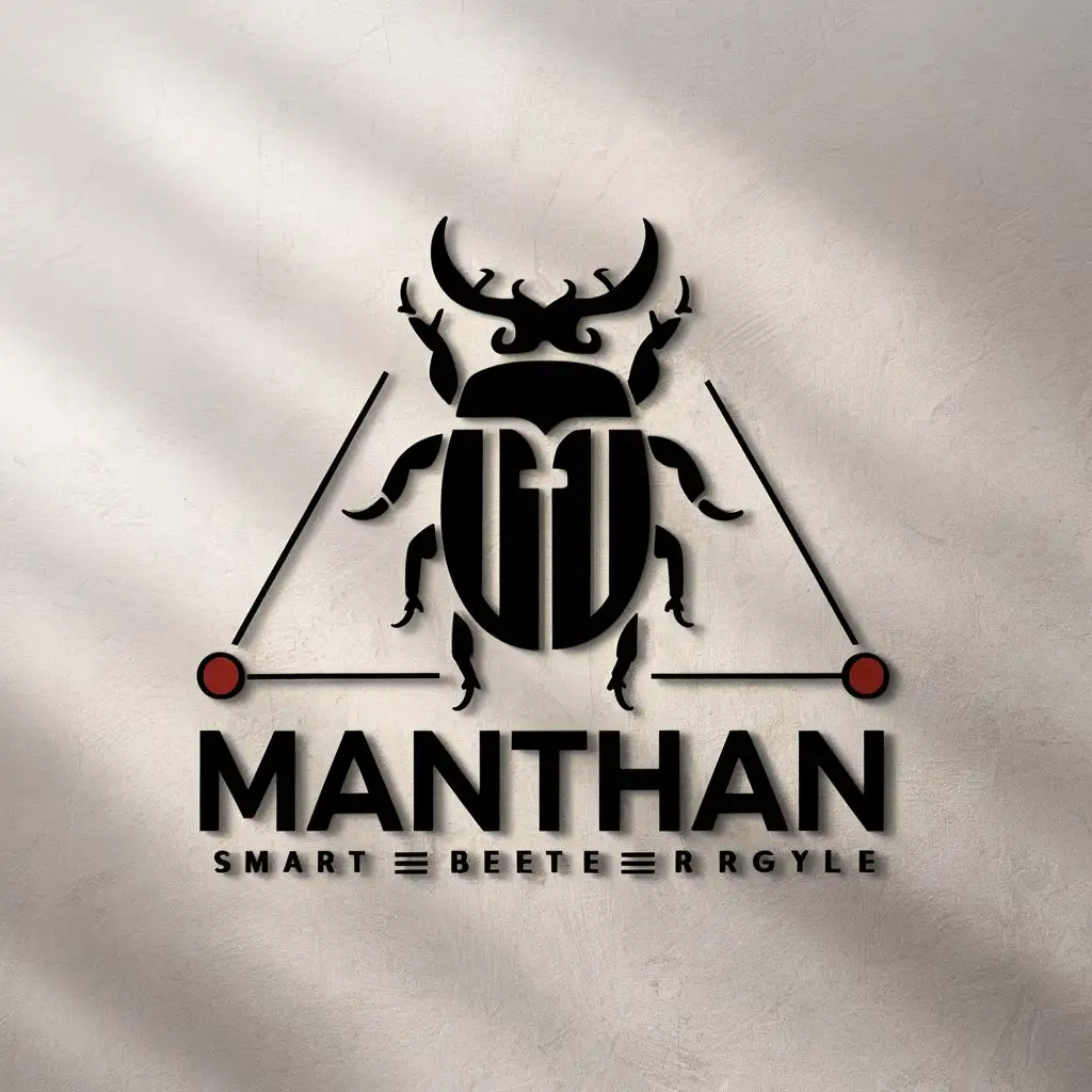 a vector logo design,with the text "Manthan", main symbol:Create a branding logo, featuring a smart Beetle insect. Ensure the Beetle insect has a bug-like appearance and embodies a hacker style. The design should adhere to the golden ratio for an aesthetically pleasing look.,Moderate,clear background