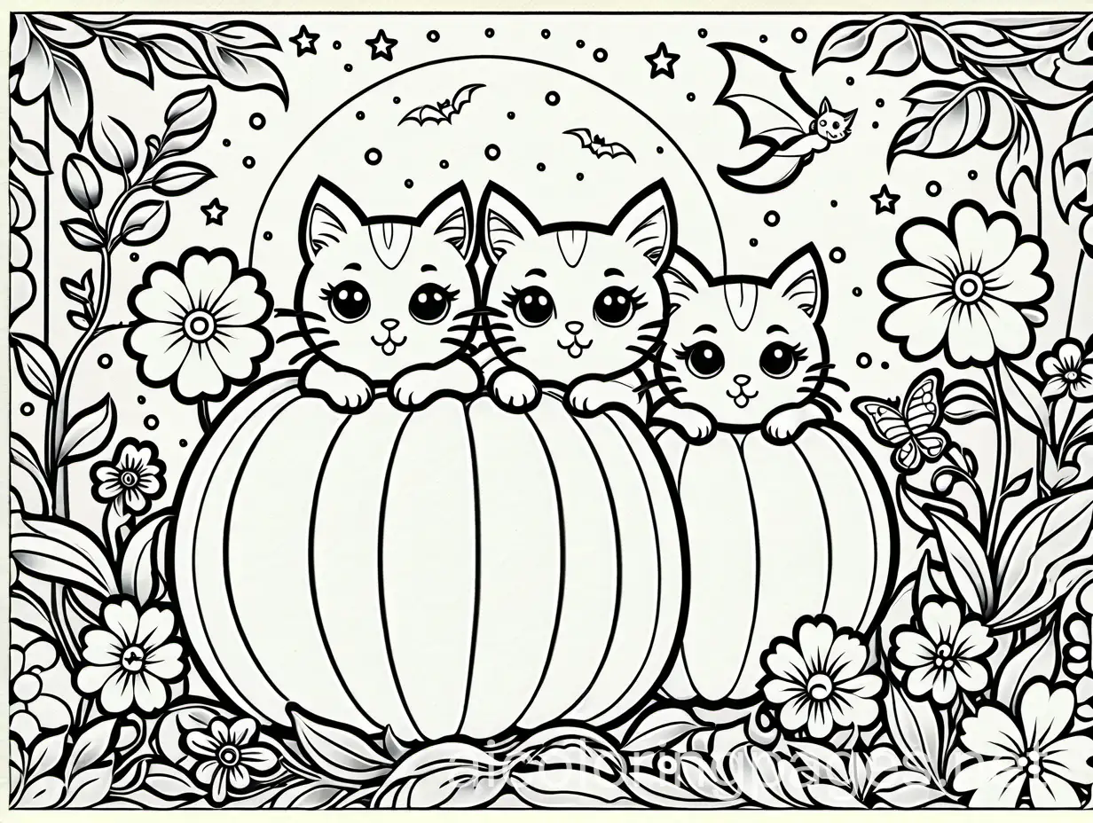 Halloween-Themed-Cat-Coloring-Page-with-Floral-Accents