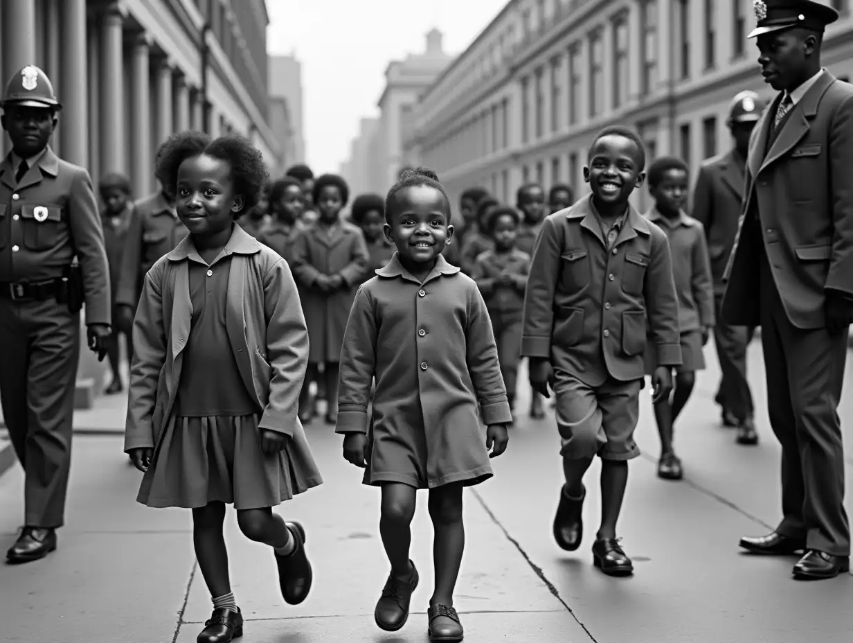 A historic moment from 1954, depicting the Supreme Court ruling in Brown v. Board of Education, which ended school segregation, showing African American children walking into an integrated school for the first time, with hopeful expressions, while protest signs and police officers are in the background.