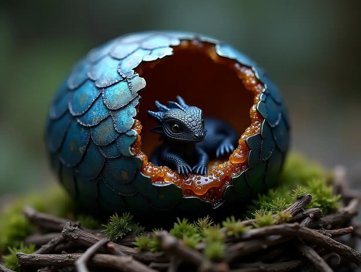 user_prompt: Dragon egg of dark blue color with iridescent scales of extreme realistic rough and hard texture, broken inside it a honey color, there are remains of transparent viscous fluid and flammable, inside there is a baby black dragon with scales of extreme realism. The egg is in a nest of twigs and fresh moss hyperrealistic