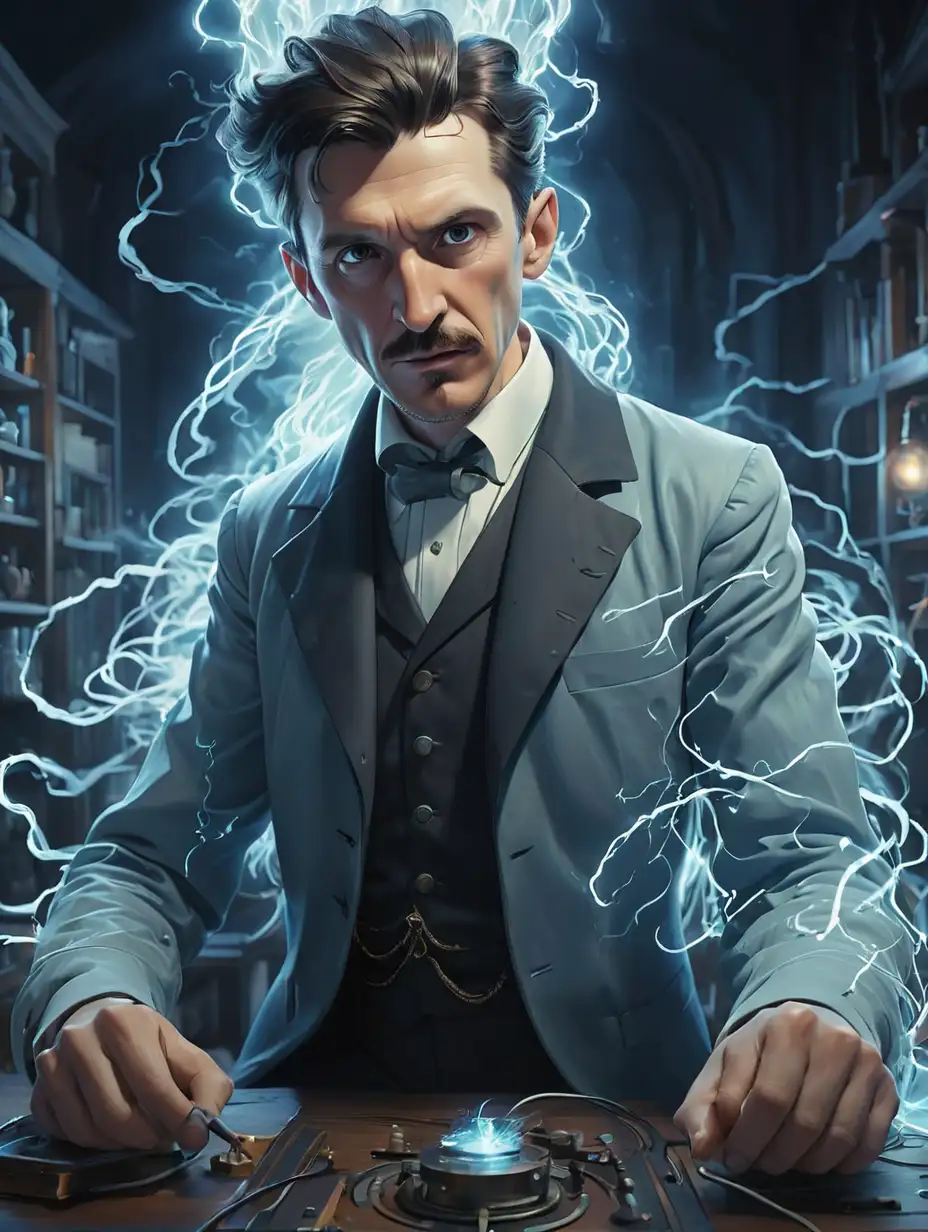 half-body portrait. Nikola Tesla making experiments with electricity in a secret laboratory. digital art, swirling flows of energy, fantasy novel cover, epic cold blue lighting, istockphoto, bottom angle, light of hell, recusion beeple