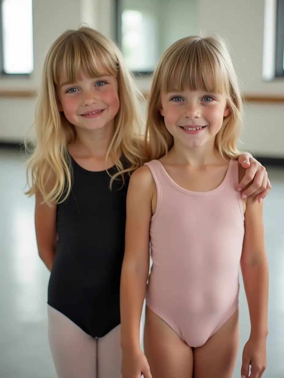 Two cute, 12-year-old girls with cute makeup, shoulder length blonde hair with bangs, wearing leotards, standing in a dance studio