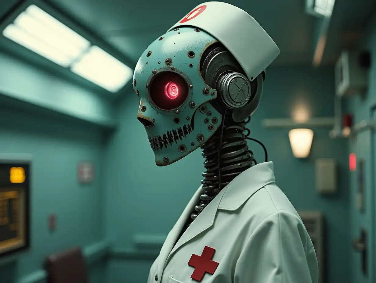 the robot stormtrron from fallout dressed as a hospital nurse