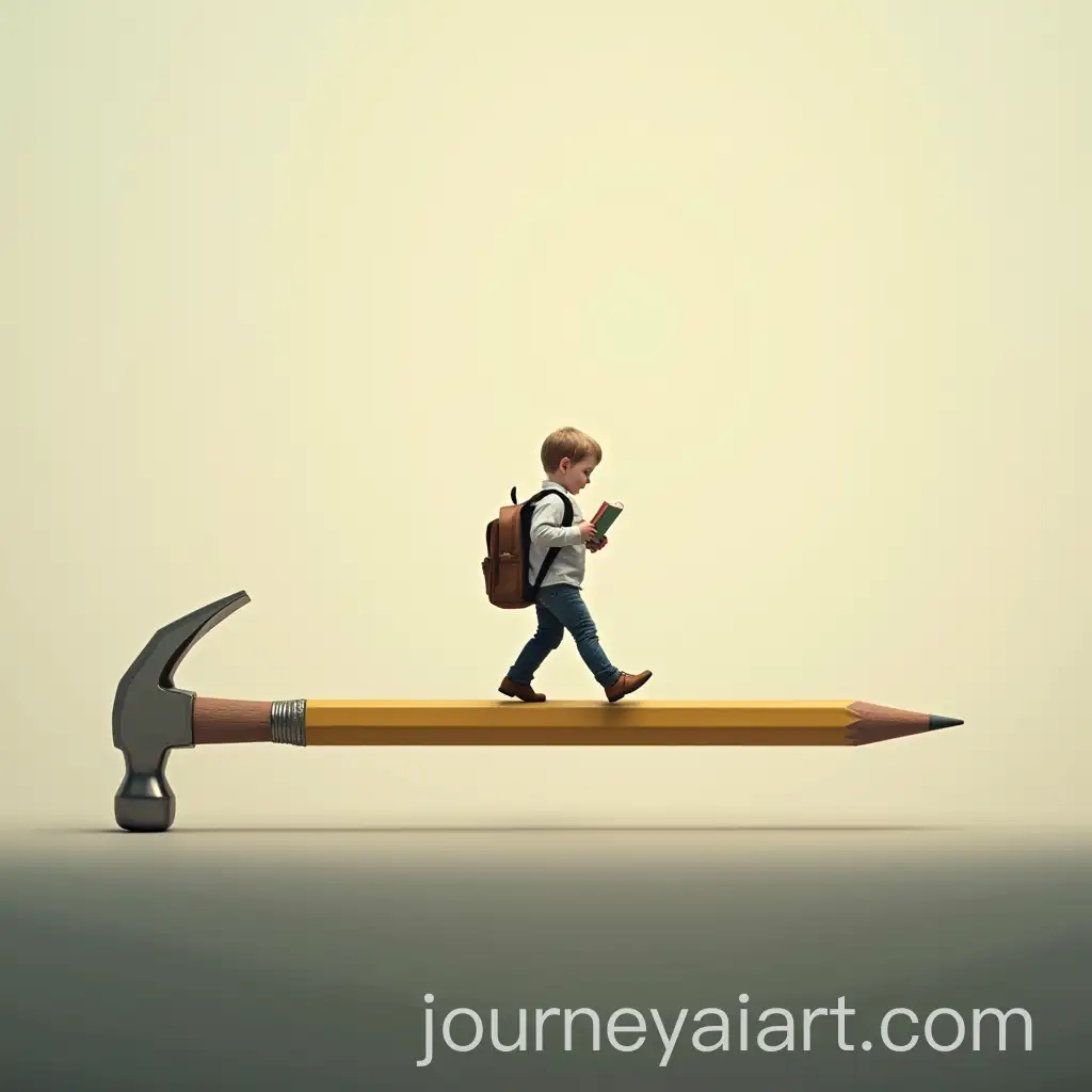 Child-Walking-on-Pencil-with-Hammer-Backpack-and-Book-Conceptual-Art