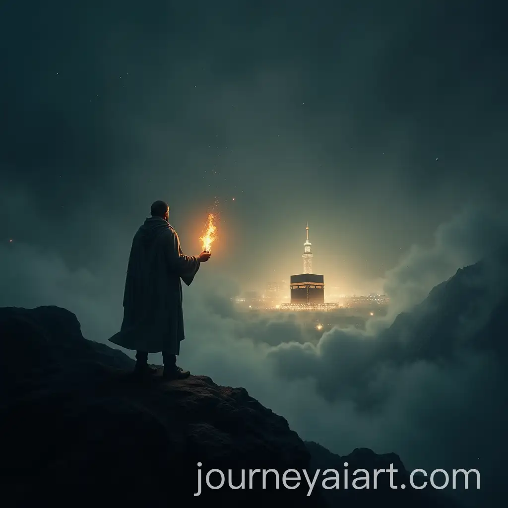 Lone-Man-Journeying-Toward-the-Illuminated-Kaaba-in-a-Stormy-Mountain-Landscape