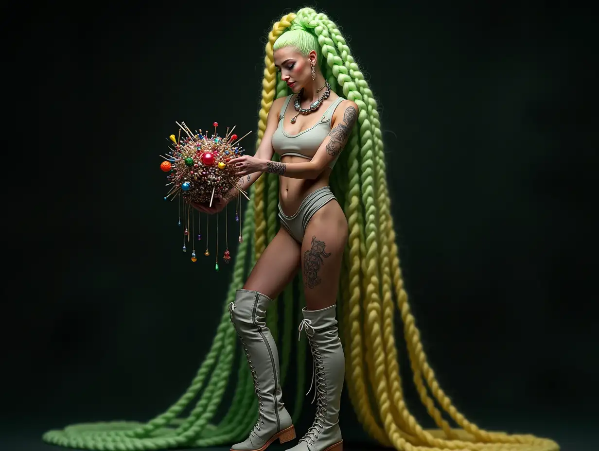 Depiction of a beautiful white woman with -tattoo, long mixed green-yellow braided hair in a futuristic style and laced boots, holding a complex, colorful and futuristic jewelry. Blurry black background (120mm) shot poster