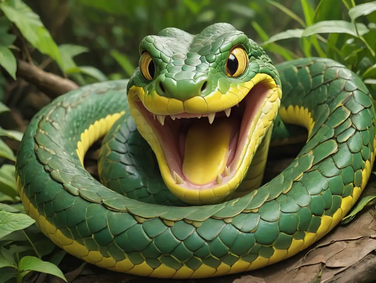 A green big snake with a yellow belly. Big, beautiful eyes with a friendly, intelligent expression. Charming smile with white teeth. Slithers gracefully, exuding charisma rather than fear. Action: The serpent speaks gently, its voice smooth like a storyteller’s, luring Eve into curiosity.