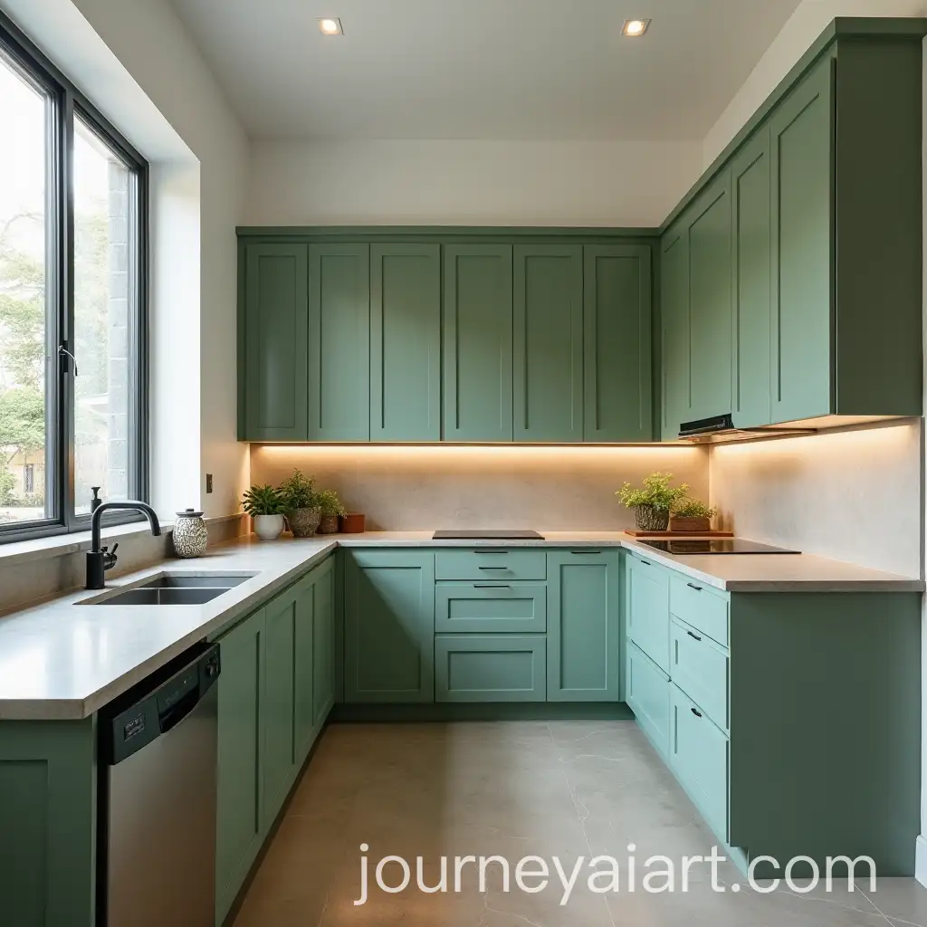Modern-LShaped-Kitchen-Design-with-Concrete-Countertops-and-Green-Color-Palette