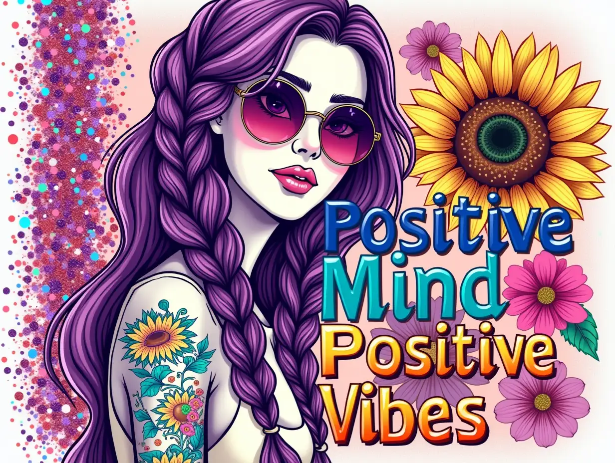 hand drawn art, seamless design. Create a vibrant and stylish illustration of a young woman with long, braided hair in shades of purple and pink, adorned with colorful strands. She wears round, purple-tinted sunglasses and has intricate floral tattoos on her arm. The background features large sunflowers and a variety of colorful flowers, creating a lively garden atmosphere. To the left, include a cascading effect of sparkling purple and pink glitter for a whimsical touch. The text 'Positive Mind Positive Vibes' should be written in bold, colorful letters, with a neon effect. The background should be filled with glitter and other decorative elements.