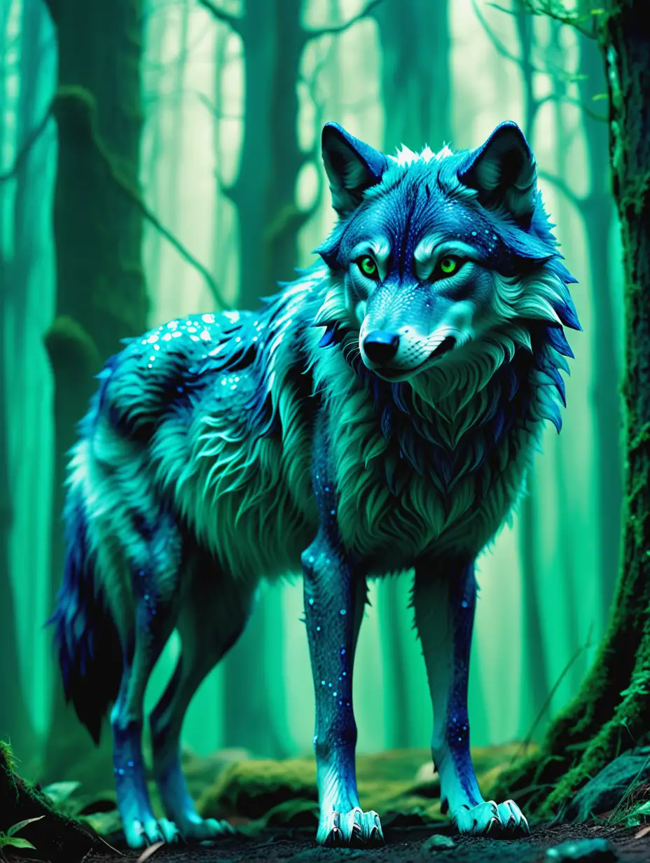 Fantasy Blue Speckled Wolf in Green Forest