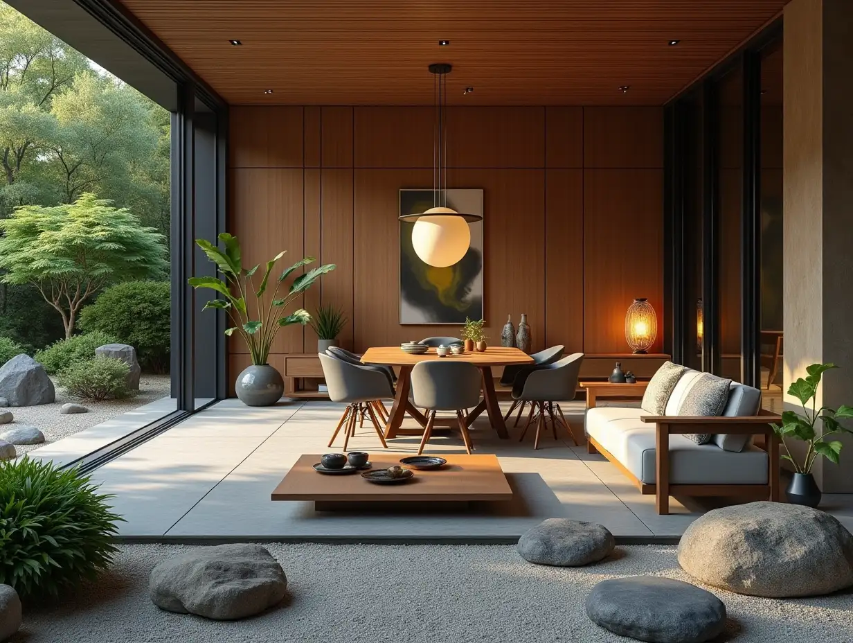 Large modern living room dining room statue, lighting with furniture, plants with Zen garden with carefully tended rocks, a meditative 180 degree shot 8K resolution Vibrant