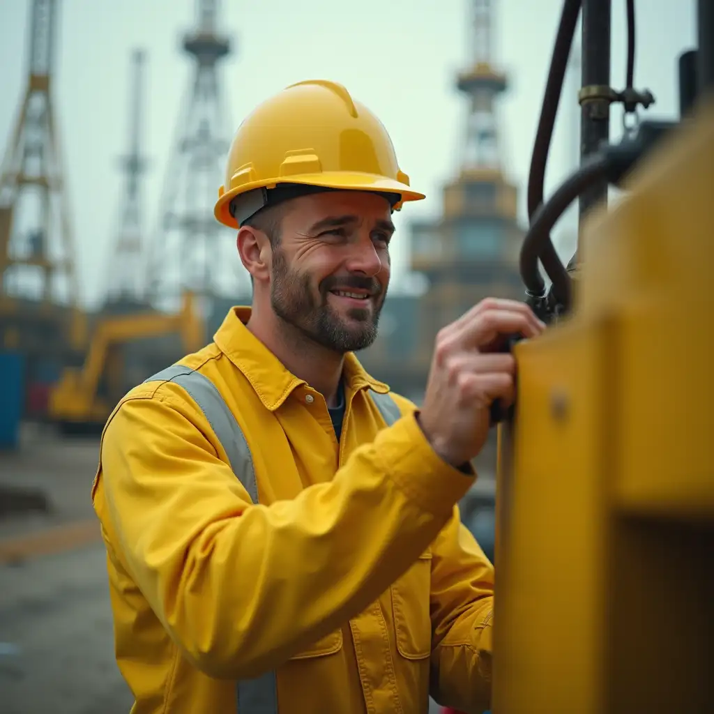 A cinematic random shot, an asymmetric composition with a shifted point of focus, a yellow color palette with white accents, a background with oil rigs and factory equipment, in the foreground, an oilman in full height, with a short beard and wearing a yellow construction helmet and a clean yellow jumpsuit, Slavic appearance 30 years old, standing in a half-turn. and he looks sideways, repairs equipment, smiles, winks with one eye, attention to detail and textures, perspective, shot on an Arriflex 416 camera with an anamorphic lens, stylization in 35mm film format, high definition --stylize 200