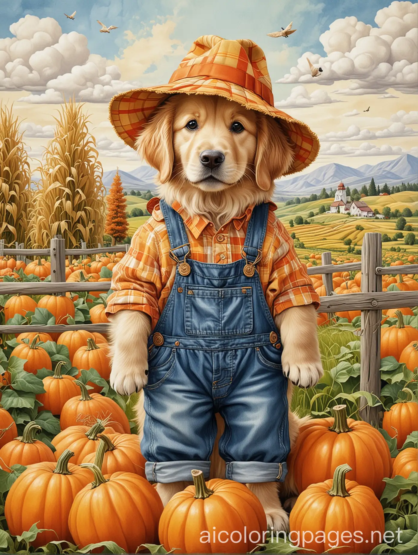 Golden-Retriever-Scarecrow-Puppy-in-Pumpkin-Patch-Costume