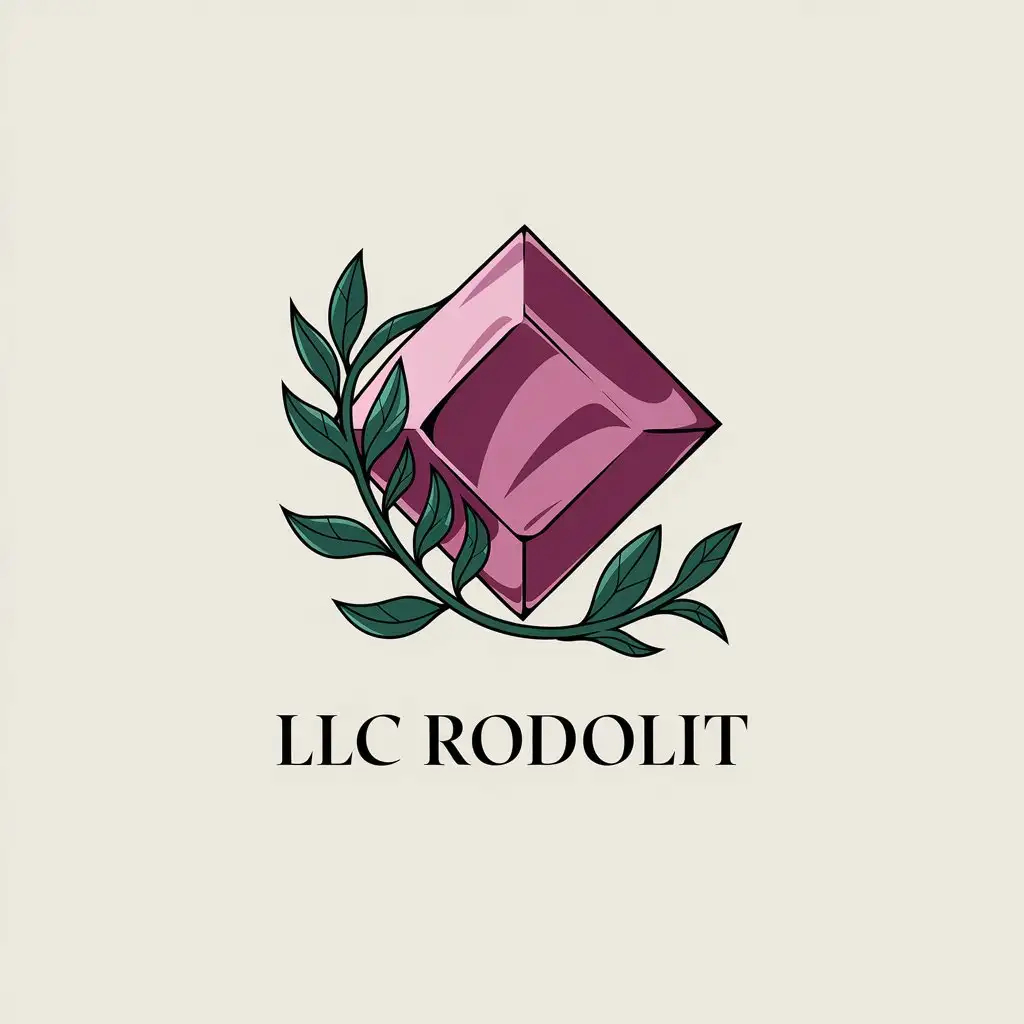 a vector logo design,with the text "LLC "Rodolit"", main symbol:Rhodolite stone in the shape of a dimensional rhombus, wrapped with a branch with green leaves,Moderate,clear background