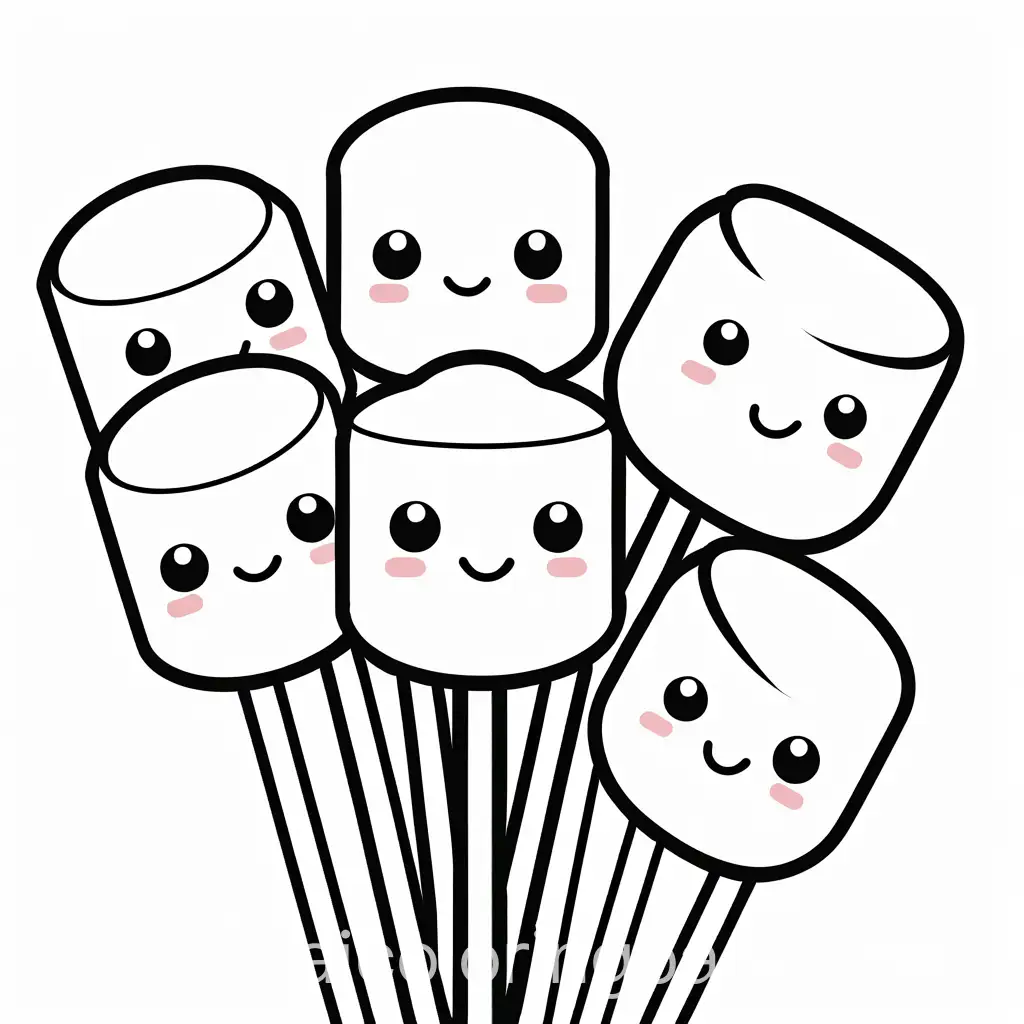 Kawaii style A bunch of marshmallows with cute faces on stick, Coloring Page, black and white, line art, white background, Simplicity, Ample White Space. The background of the coloring page is plain white to make it easy for young children to color within the lines. The outlines of all the subjects are easy to distinguish, making it simple for kids to color without too much difficulty