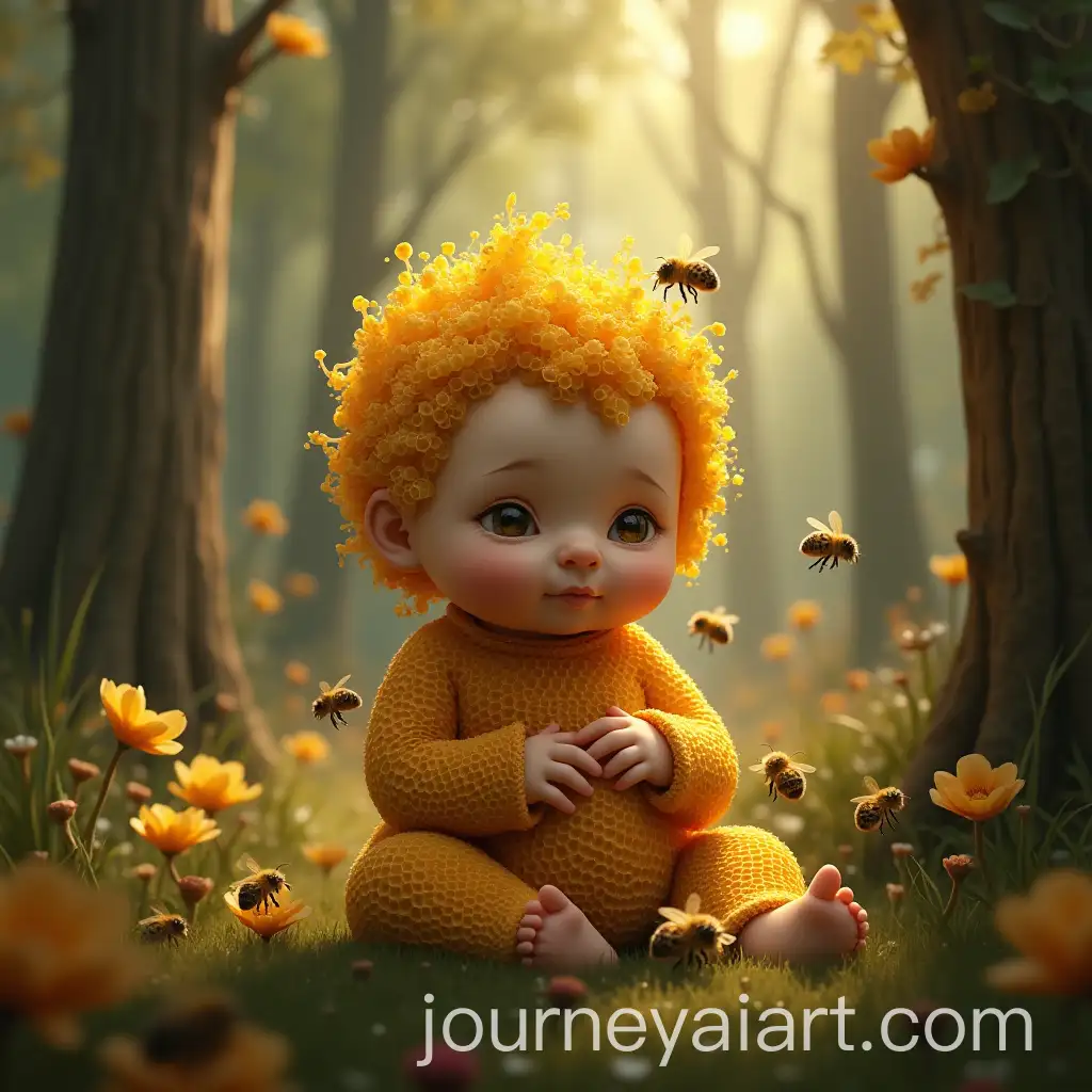 Baby-Surrounded-by-Bees-in-a-Mystical-Forest-with-Honeycomb-Hair