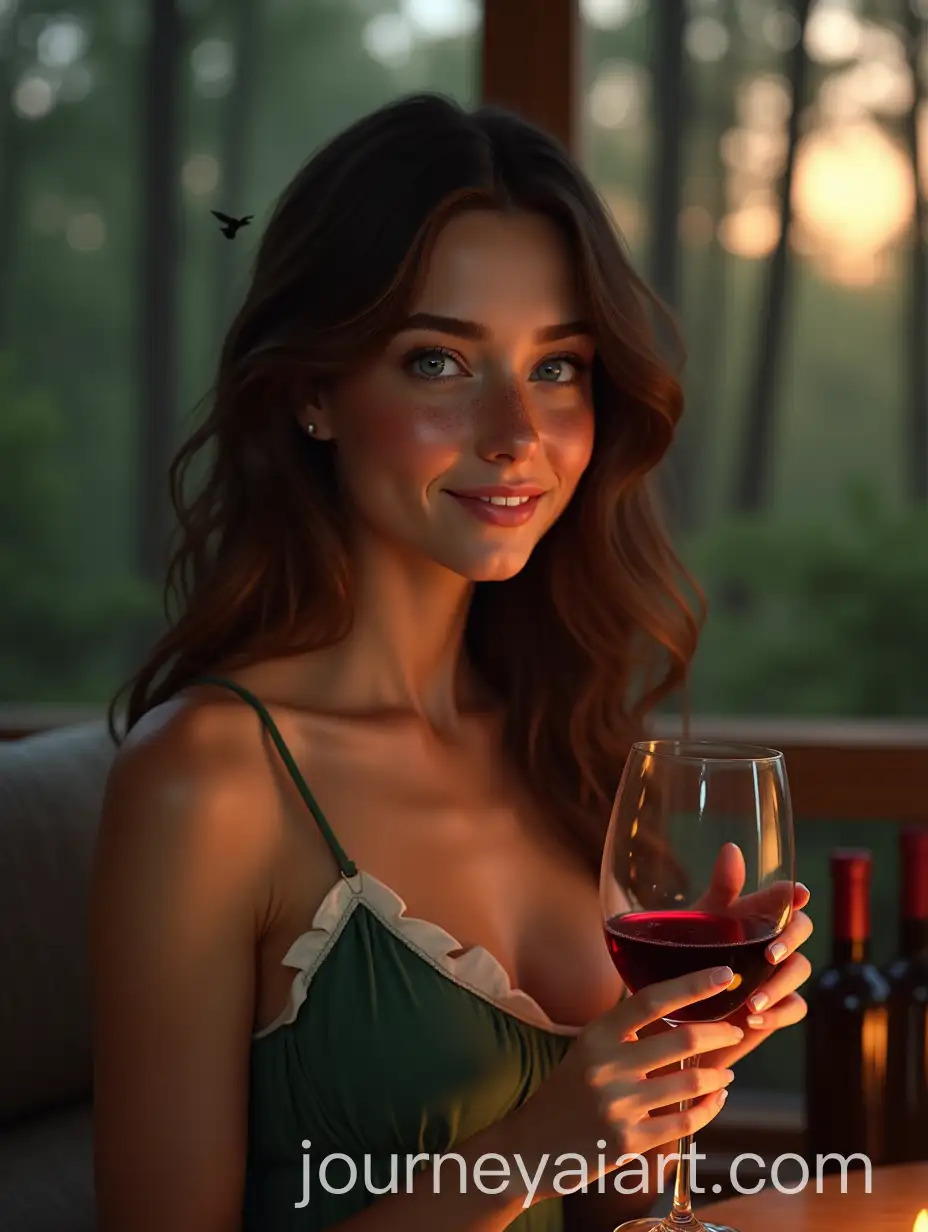Young-Woman-in-Green-and-White-Dress-Holding-Wine-in-Forest-Setting