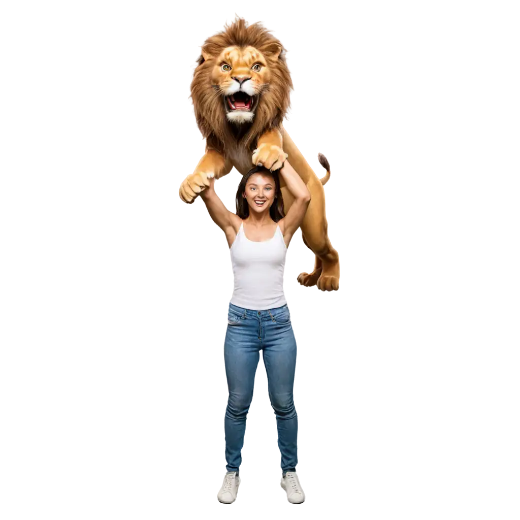 CREATE  A GIRL LIFTING  A  MONSTER LION ABOVE HER HEAD