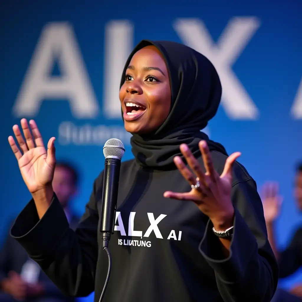 An up-close image of a young, brown-skinned African person giving an animated talk about artificial intelligence. The person is dressed in a jilbab with the words ‘ALX AI’ clearly printed on it. They are holding a microphone in one hand, speaking expressively with a look of excitement and enthusiasm. The background features the text ‘ALX AI’ in large, bold letters, subtly blurred to keep the focus on the speaker. The scene is well-lit, highlighting the person’s dynamic gestures and the energy they bring to the topic of artificial intelligence. The overall scene is vibrant and dynamic, capturing the energy of a live presentation.