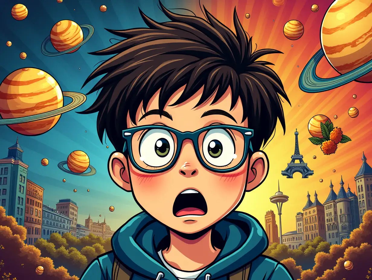 Comic style illustration, with vivid and contrasting colors. A boy with glasses, in university clothing, looking at camera and surprised in the center of the image. In the background, various elements: football, planets, France, music