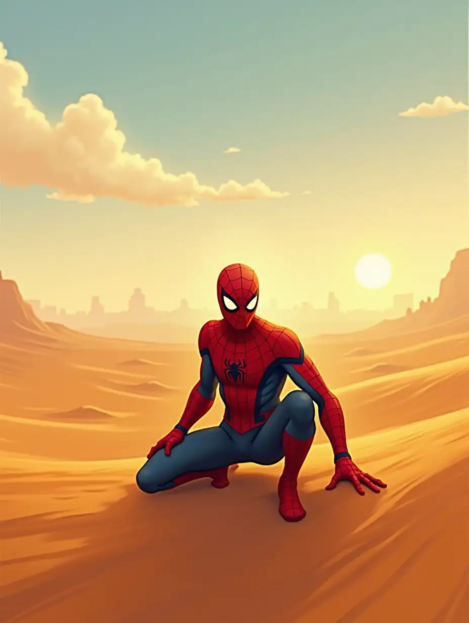 A cinematic, highly detailed digital painting of a heroic figure resembling Spider-Man crouching in the middle of a vast desert. he is seated in desert .­.­. The golden sun casts a warm glow, creating long shadows and emphasizing the dramatic, survivalist atmosphere. The sky is clear, with a few wispy clouds, highlighting the sense of solitude and resilience in the unforgiving desert terrain.