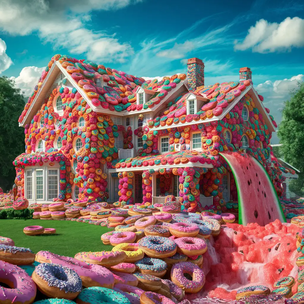 Create a surreal image of a massive private home constructed entirely from hundreds of colorful donuts. The house is surrounded by lush greenery under a bright blue sky with soft clouds. A whimsical waterfall made of vibrant watermelon juice cascades from the house, blending into the dreamlike, donut-filled landscape. Donuts cover every surface, making the scene both fantastical and visually stunning.