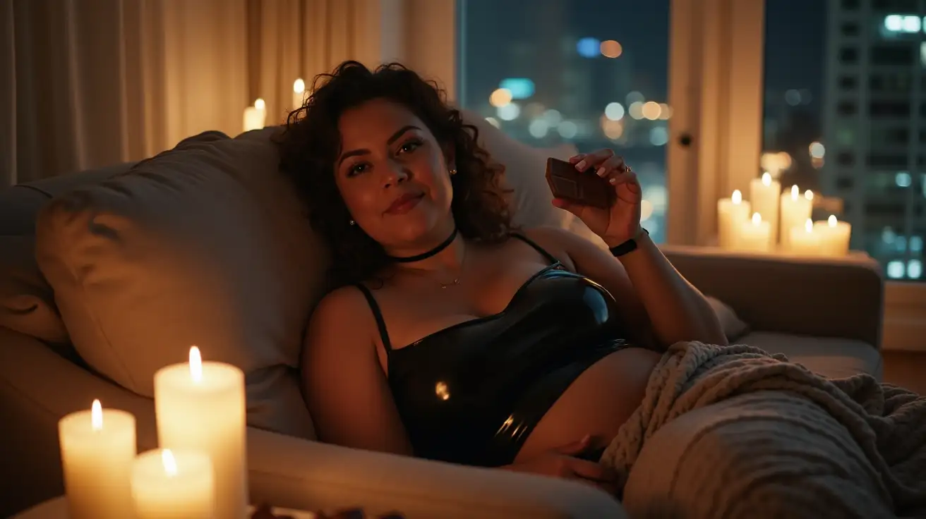 Lazy corpulent curvy woman snuggling up comfortably under a blanket on a sofa at night; narrow tight black latex choker; skintight reflective black latex tanktop; perfect clear latex reflections; subtle round earrings; many white candles; modern white city apartment; subtly smiling to the viewer; eating a piece of chocolate; chocolate bars and chocolate chunks on the sofa table