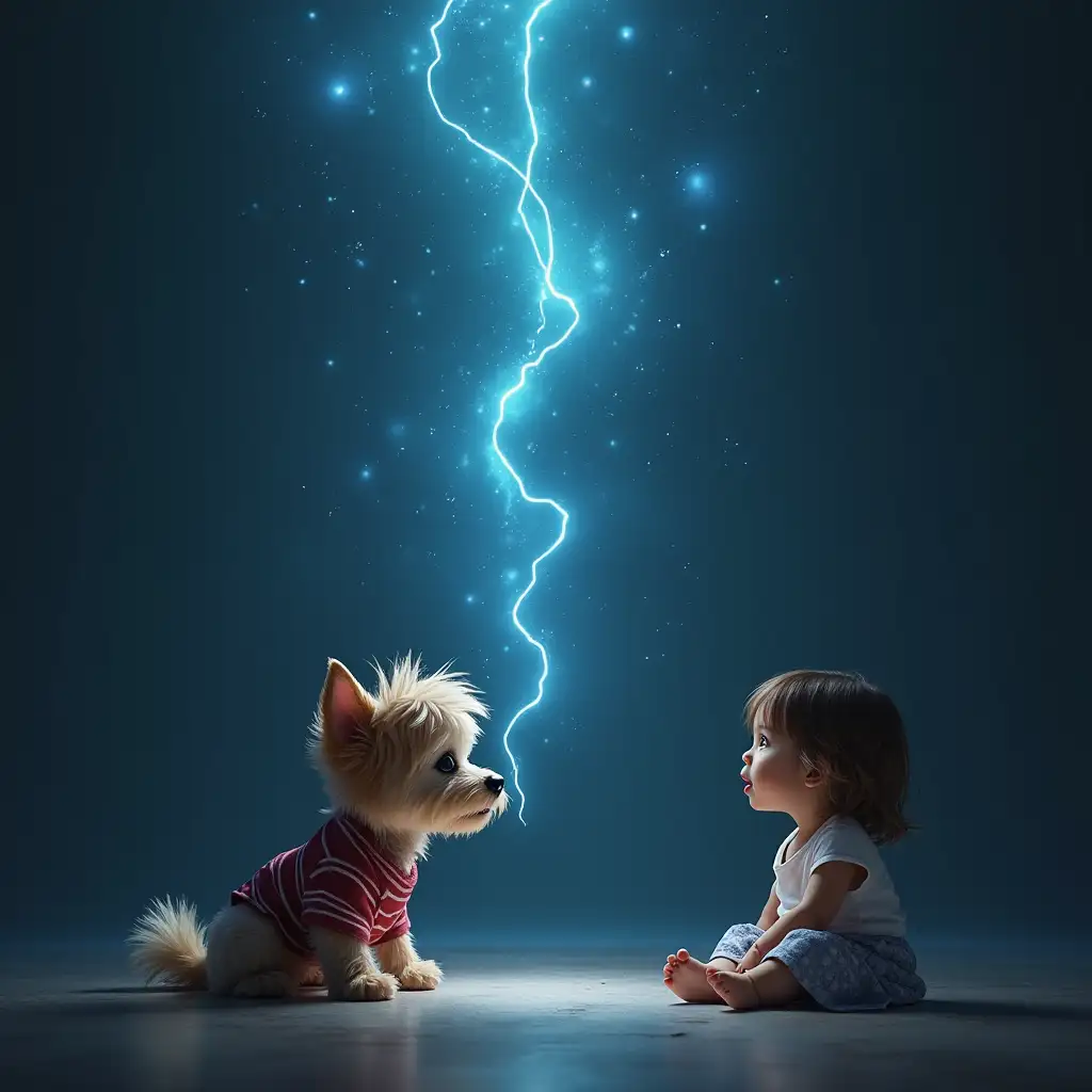 A little dog in the picture, its eyes emit blue light, the dog's messy clothes also float up with the blue light slowly, then automatically fold neatly in the air and fall in front of the dog, the dog laughed and turned into a little girl. A little girl is sitting on the ground watching.