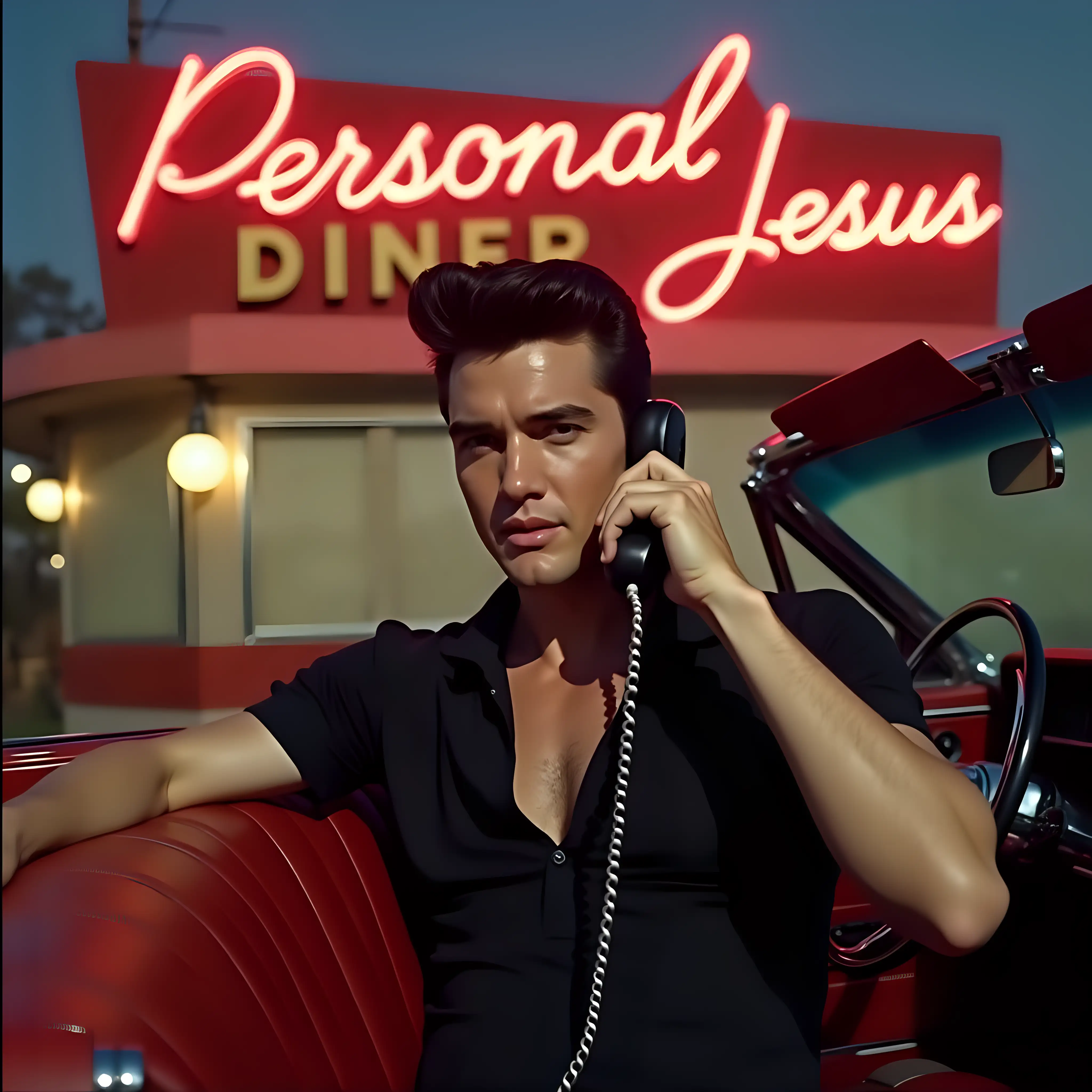 Create a photo of Elvis Presley circa 1960. He is sitting in his open top Cadillac on an old fashioned car phone with the receiver held against his ear. He is looking directly at the viewer with a lustful look and highly sexual demeanour. He is wearing a black polo shirt unbuttoned, showing part of his chest. The car is parked outside a typical retro American diner. There is a big red neon sign on top of the building illuminated, which says "Personal Jesus Diner"  