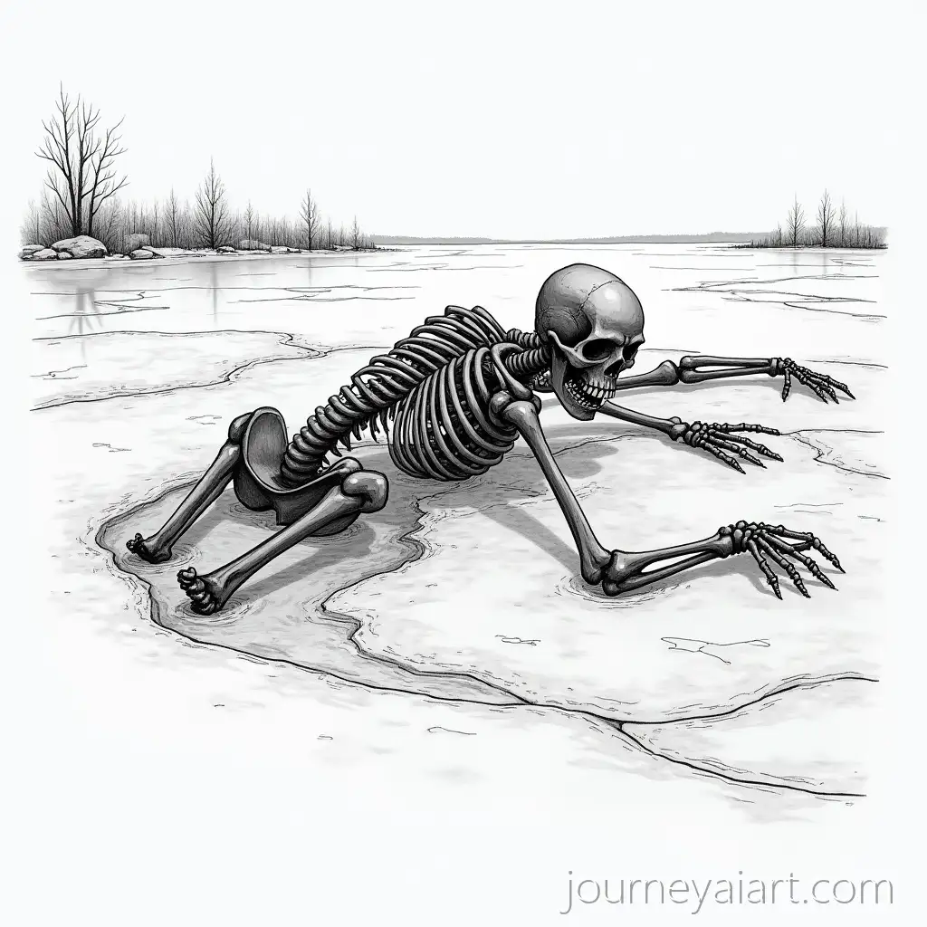 Realistic-Ink-DrawingSkeleton-on-Frozen-Lake-of-a-Skeleton-Trapped-Beneath-a-Frozen-Lake