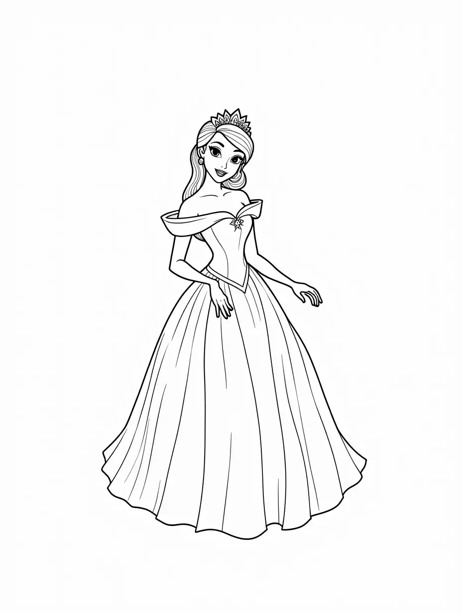 Princess Coloring Page with Detailed Dress in Magical Kingdom