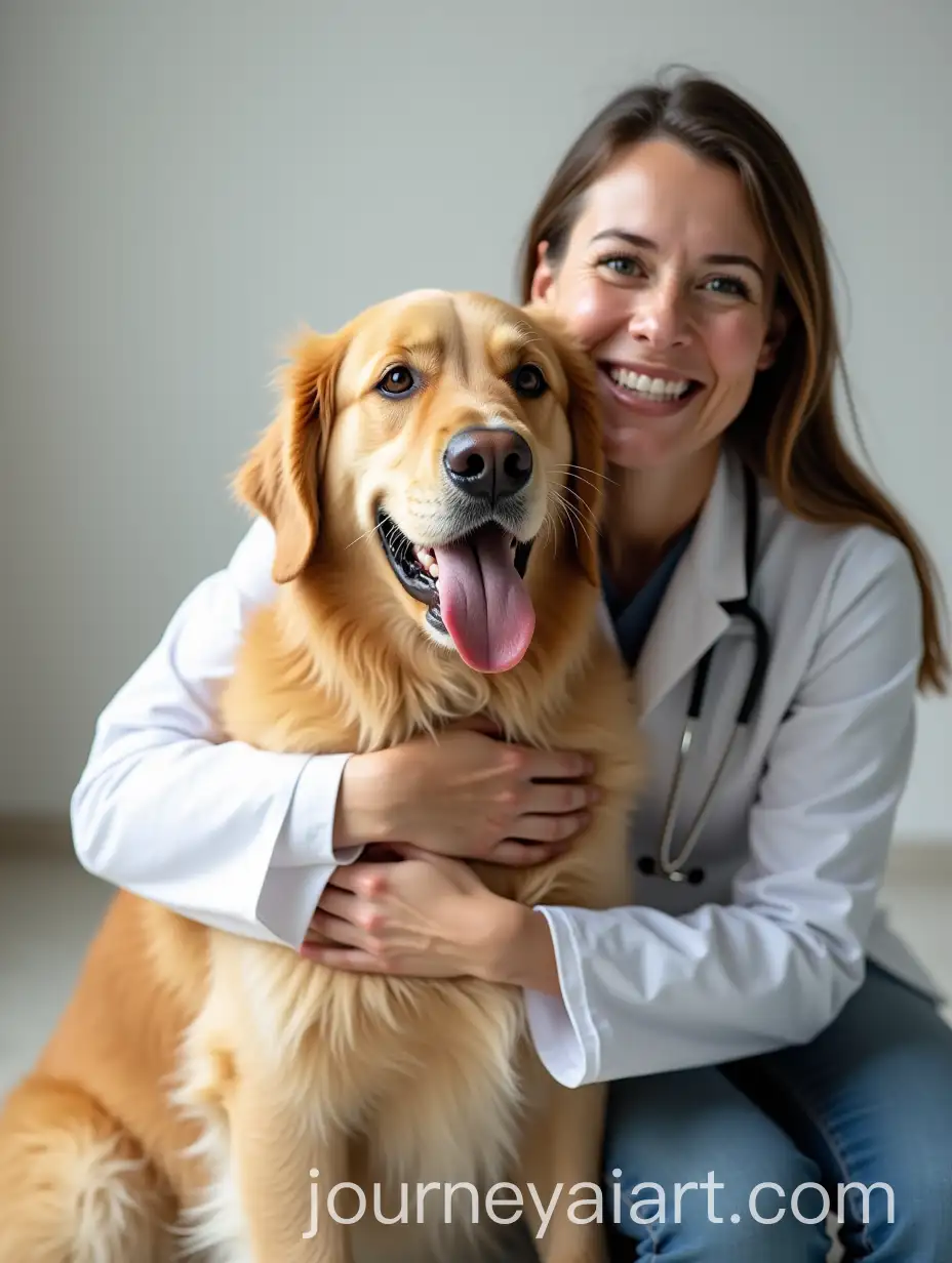 Smiling-Woman-Veterinarian-Embracing-Golden-Retriever